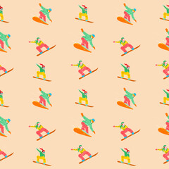 seamless vector pattern with snowboarders on yellow background