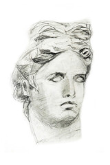 Sketch of the sculpture of the head of Apollo Belvedere (Apollo). Isometric projection. Academic pencil drawing. A sketch. A quick sketch.
