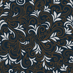 Elegant seamless pattern with leaves and curls. Luxury floral background. Vector illustration.