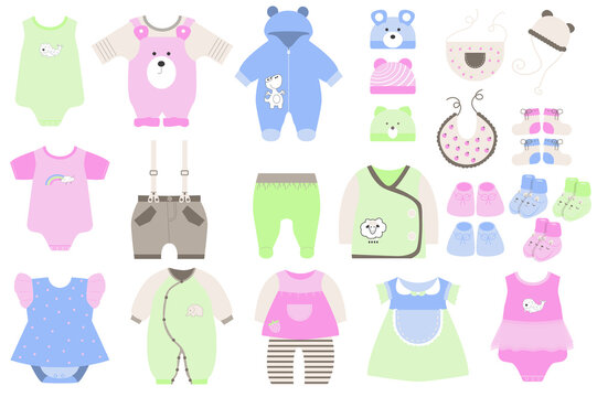 Cute baby clothes and shoes set in flat cartoon design. Childrens wardrobe for infant boy and girl. Bodysuits, dresses, rompers, shirts, pants, hats and others isolated elements. Illustration
