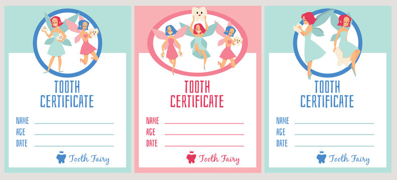 Tooth certificate templates set with beautiful magic fairies for kids in flat