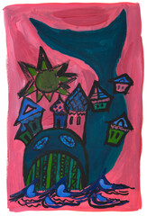 Gouache drawing of a fabulous whale with houses and churches on its back. A whale in the sea. The sun over the sea. Stylized drawing. Large strokes. On paper. Painting