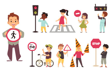 Cute kids studying traffic rules and road signs, flat vector illustration isolated on white background.