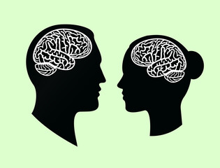 brain convolutions in male and female black human head silhouette, flat vector illustration