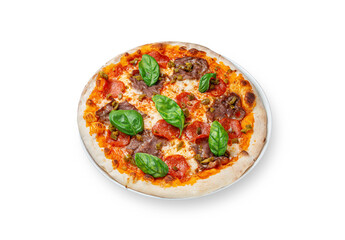 Traditional Italian pescara pizza with Parma ham, arugula, olives, basil, mozzarella cheese, grana padano cheese in a plate on a white isolated background.