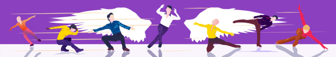 Cartoon illustration with faceless people skating on ice on abstract purple background