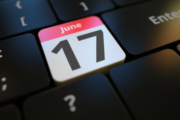 June 17 date on a keyboard key, 3d rendering