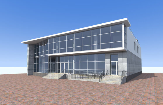 Office and shop building. 3d image. 3d graphics.