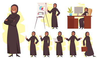 Arab business woman with hijab in different poses in the office, flat vector illustration isolated on white background.
