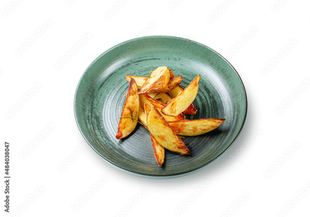 Wall mural Hot appetizers. Fried potato slices in a plate with high edges on a white isolated background - Wall murals