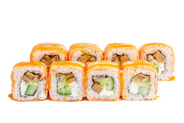 Roll completely wrapped in salmon, garnished with smoked eel and green onions, with kabayaki sauce...
