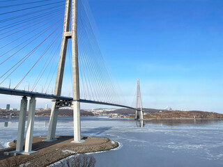 Russia, Vladivostok. Bridge to Russian Island on a clear winter day