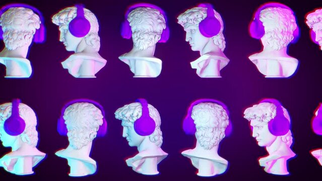 Classic Rotating Michelangelos David Bust With Modern Headset On Creative Background. Headset On A Classic Bust Model Background Animation. Classic Moving Headset 3d Graphic On Neon Background.