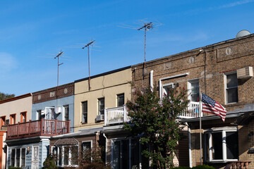 Row of Old Brick Neighborhood Homes in Astoria Queens New York