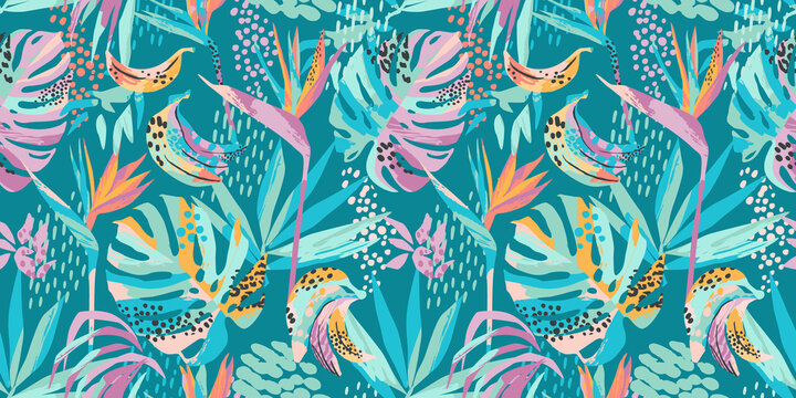 Abstract art seamless pattern with tropical leaves and flowers. Modern exotic design