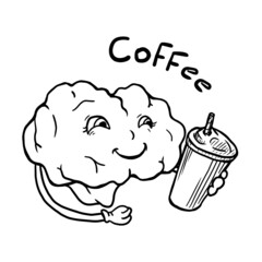 Smiling brain character with coffee cup vector illustration on white background