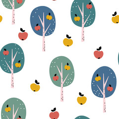 Seamless pattern with apple trees and apples in cartoon style