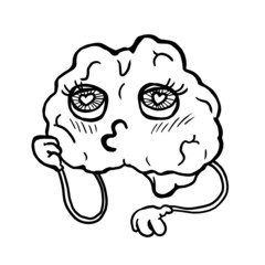 Brain character in love doodle vector illustration isolated on white background