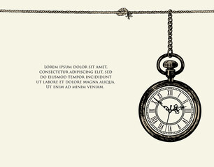Vintage banner or background with a beautiful pocket watch hanging on a chain on an old paper backdrop. Hand-drawn vector illustration with place for text in retro style