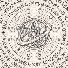 Vector circle of the Zodiac signs with icons, Ptolemaic Geocentric System and magic runes written in a circle. Hand-drawn banner in vintage style with horoscope symbols for astrological forecasts