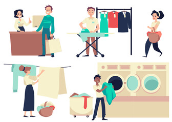 People using laundromat and dry clean service flat vector illustration isolated.