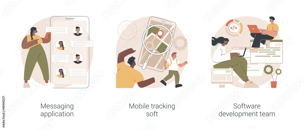 Poster smartphone application abstract concept vector illustration set. messaging application, mobile track
