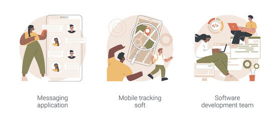 Fototapeta premium Smartphone application abstract concept vector illustration set. Messaging application, mobile tracking soft, software development team, chat app, gps tracking, outsource company abstract metaphor.