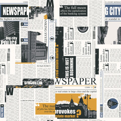 Seamless pattern with a collage of newspaper or magazine clippings. Retro style vector background with titles, illustrations and imitation text. Suitable for wallpaper design, wrapping paper, fabric
