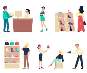 People in shoe store taking shoes off shelves flat vector illustration isolated.