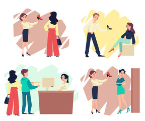 Set of people shopping in shoe store - flat vector illustration isolated on white background.