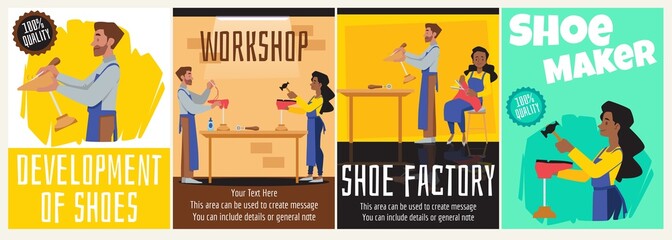 Set of footwear manufacturing posters or banners - flat vector illustration.
