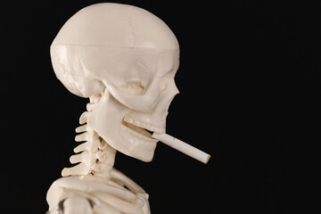Smoking kills concept. Human skeleton smoking cigarette