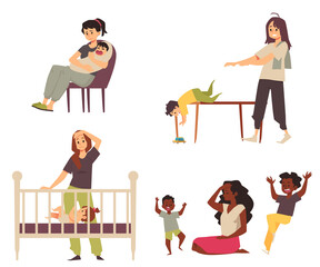 Tired exhausted mother cannot handle children, flat vector illustration isolated.