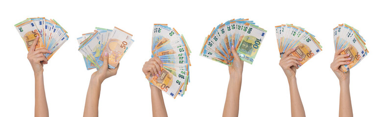 Hands holding euro cash money banknotes isolated on white background. - obrazy, fototapety, plakaty