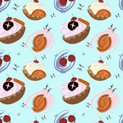 seamless background with sweet cakes, cherry, citrus, star. Pattern on the blue background