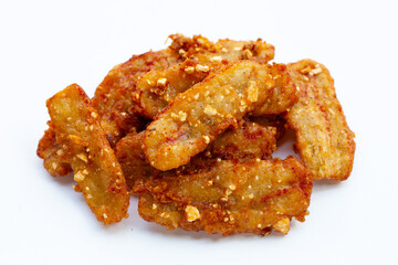 Fried bananas on white background.