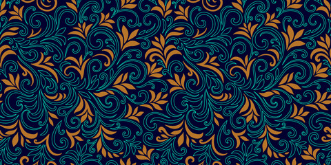 Elegant seamless pattern with leaves and curls. Luxury floral background. Vector illustration.