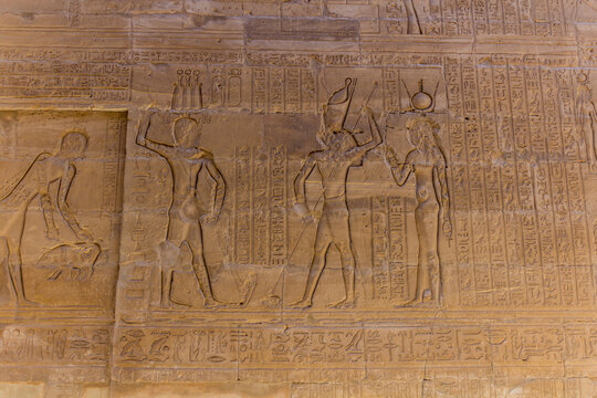 Hieroglyphs in the temple of Horus in Edfu, Egypt