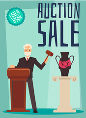 Auction sale cartoon vector illustration. Old silver haired auctioneer sells antique vase at an art auction. - obrazy, fototapety, plakaty