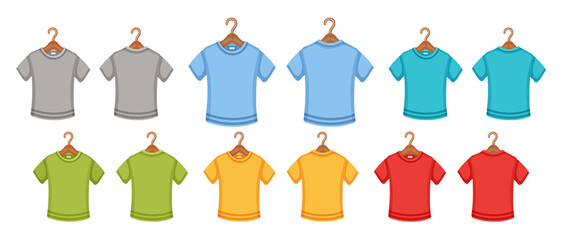 Color sport t-shirt on hanger icon set. Hanging polo shirts for man, woman or kids. Front and back view. Cotton casual textile clothing with short sleeve. Clothes sign collection for shop. Flat vector