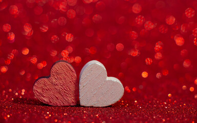 Shiny background with two valentines lovers hearts. Love. Postcard for Valentine's Day