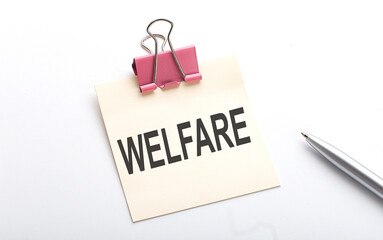 WELFARE text on sticker with pen on the white background