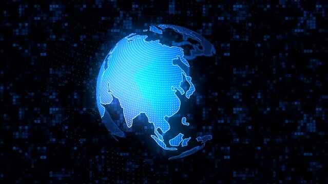 Black futage with abstraction. Motion. The background on which the hemisphere is highlighted in blue and dark purple as the earth with a dedicated territory.