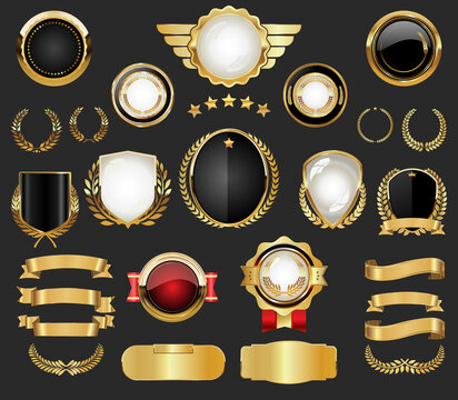 Collection of Golden badges labels laurels shield and metal plates	
