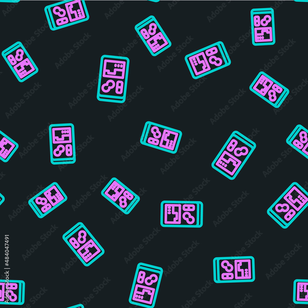 Poster line portable video game console icon isolated seamless pattern on black background. handheld consol