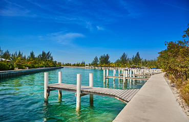 Docks line the harbor at Sandy Point, North Caicos, Turks and Caicos Islands