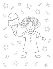 coloring page with cute girl with curly hair holding ice cream cone. you can print it on standard 8.5x11 inch paper