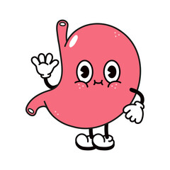 Cute funny stomach waving hand character. Vector hand drawn traditional cartoon vintage, retro, kawaii character illustration icon. Isolated on white background. Stomach character concept