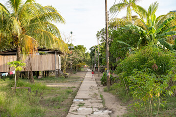 Typical architecture of Puerto Alegria village Puerto Alegria village near the Reserva Natural Irapay, Yavari, Amazon, Peru