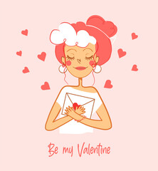 Girl with love letter, hearts and Be my Valentine text on pink background. Happy Valentine's Day greetings card. poster. Romantic flat style vector illustration